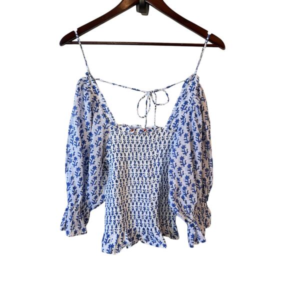 OLIPHANT Smocked Blouse Flora Blue Sz Small Square Neck Coastal Preppy $116 MSRP - Picture 8 of 8